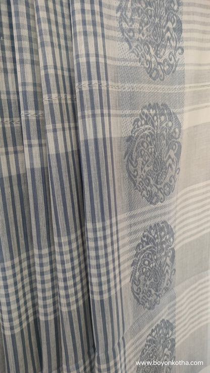 Mist of Moonlight - Off-white and Blue Dhonekhali Handloom Cotton Saree