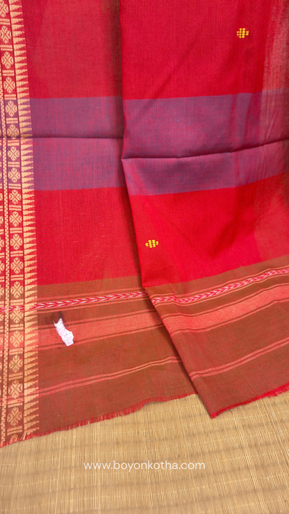 Rust Dhonekhali handloom cotton saree with red & blue stripes in the pallu and beige woven thin border; Ideal for office wear, casual gathering.