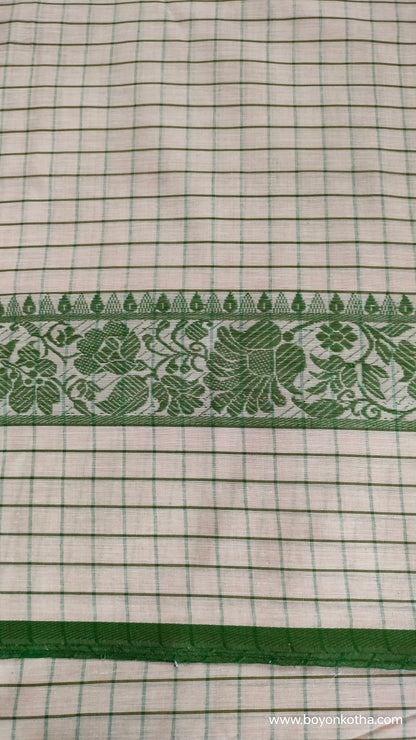 Veins of Spring –  White and Green Checked Dhonekhali Handloom Cotton Saree