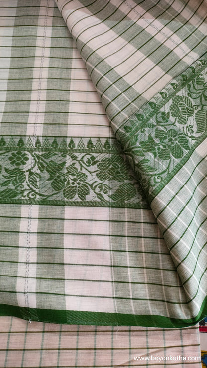 Veins of Spring –  White and Green Checked Dhonekhali Handloom Cotton Saree