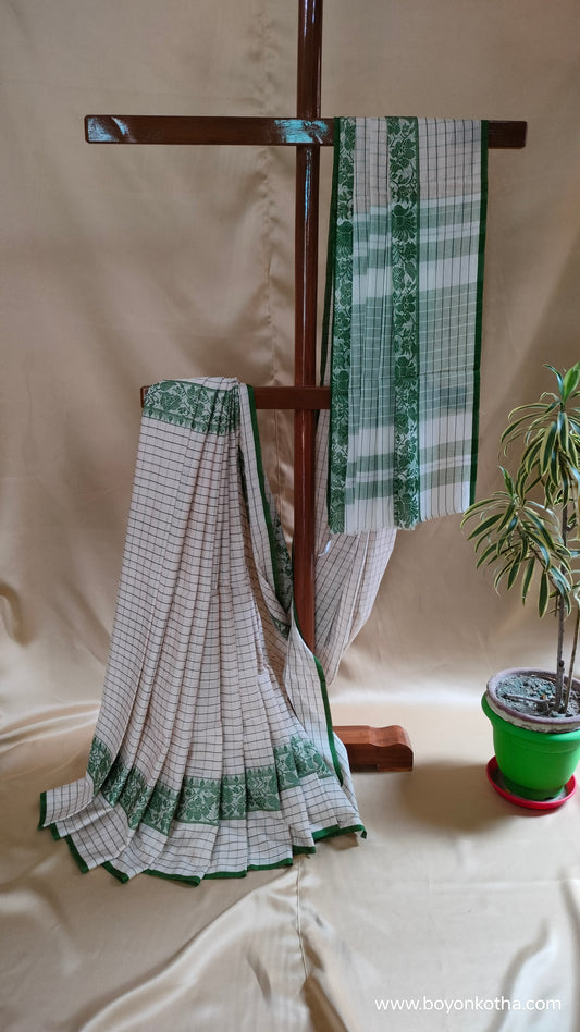 Veins of Spring –  White and Green Checked Dhonekhali Handloom Cotton Saree