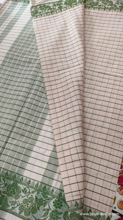 Veins of Spring –  White and Green Checked Dhonekhali Handloom Cotton Saree