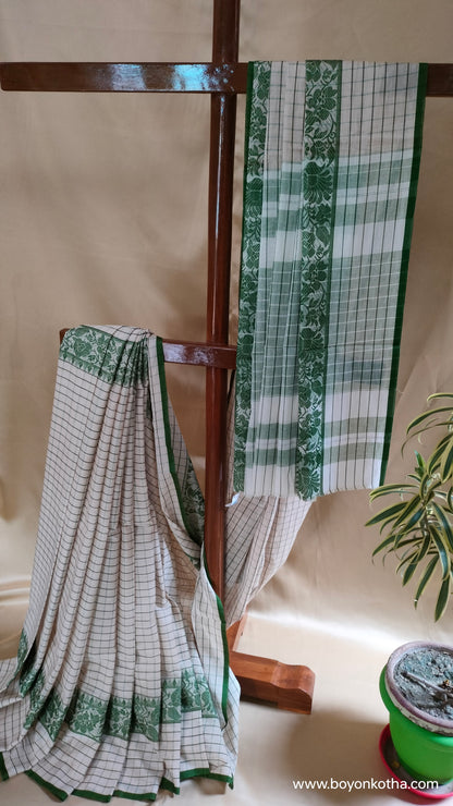 Veins of Spring –  White and Green Checked Dhonekhali Handloom Cotton Saree