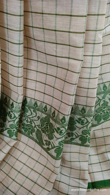 Veins of Spring –  White and Green Checked Dhonekhali Handloom Cotton Saree