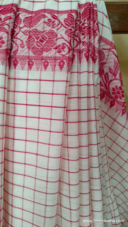 Ranga Bhor – Red and White Checked Dhonekhali Handloom Cotton Saree
