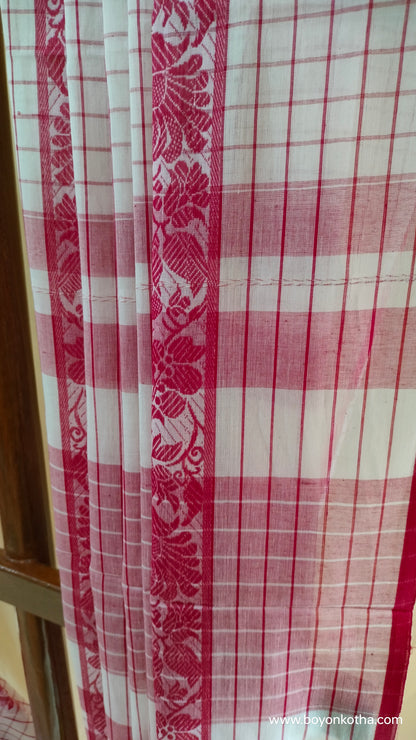 Ranga Bhor – Red and White Checked Dhonekhali Handloom Cotton Saree