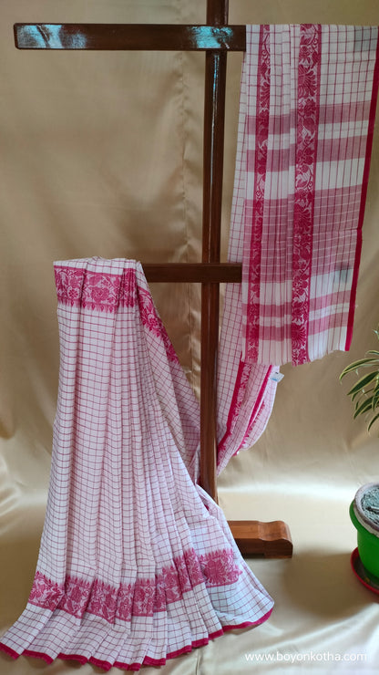 Ranga Bhor – Red and White Checked Dhonekhali Handloom Cotton Saree