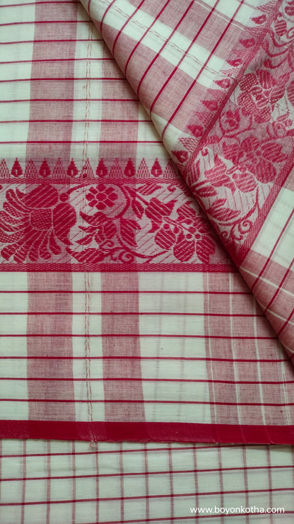 Ranga Bhor – Red and White Checked Dhonekhali Handloom Cotton Saree