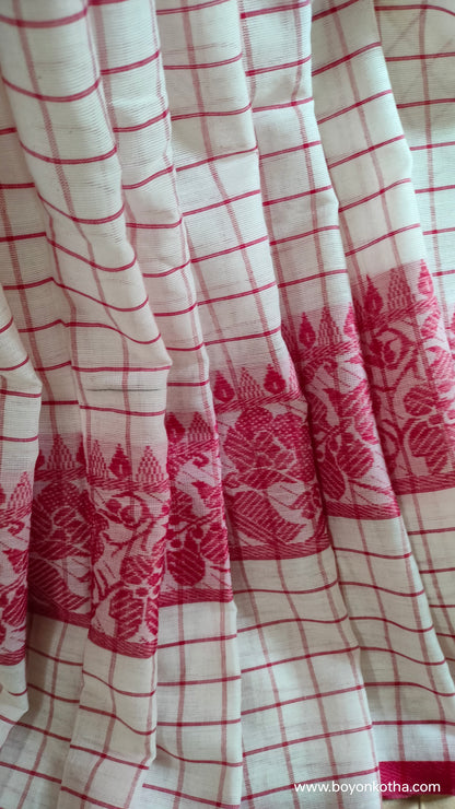 Ranga Bhor – Red and White Checked Dhonekhali Handloom Cotton Saree
