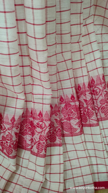 Ranga Bhor – Red and White Checked Dhonekhali Handloom Cotton Saree
