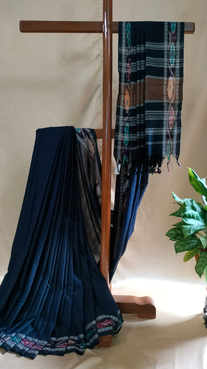 Neeloborno - Navy Blue Dhonekhali Handloom Cotton Saree with Ikat-style Border