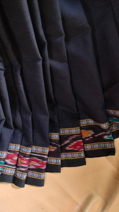 Neeloborno - Navy Blue Dhonekhali Handloom Cotton Saree with Ikat-style Border