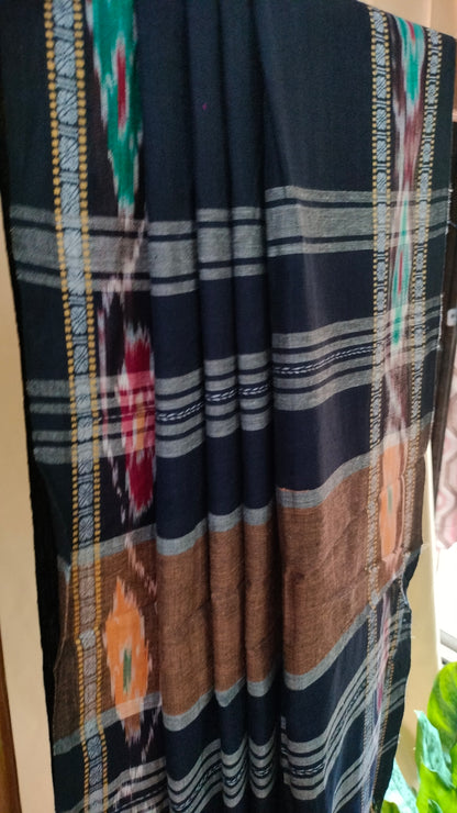 Neeloborno - Navy Blue Dhonekhali Handloom Cotton Saree with Ikat-style Border