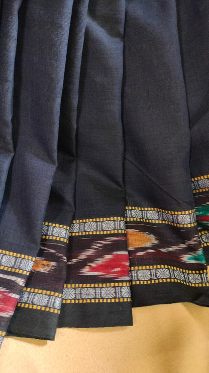 Neeloborno - Navy Blue Dhonekhali Handloom Cotton Saree with Ikat-style Border