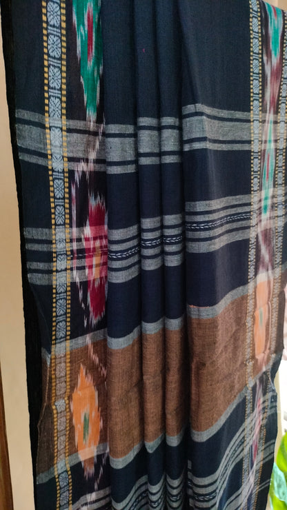 Neeloborno - Navy Blue Dhonekhali Handloom Cotton Saree with Ikat-style Border