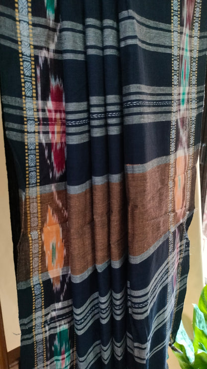 Neeloborno - Navy Blue Dhonekhali Handloom Cotton Saree with Ikat-style Border