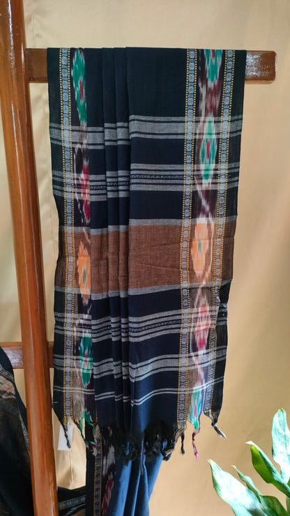 Neeloborno - Navy Blue Dhonekhali Handloom Cotton Saree with Ikat-style Border