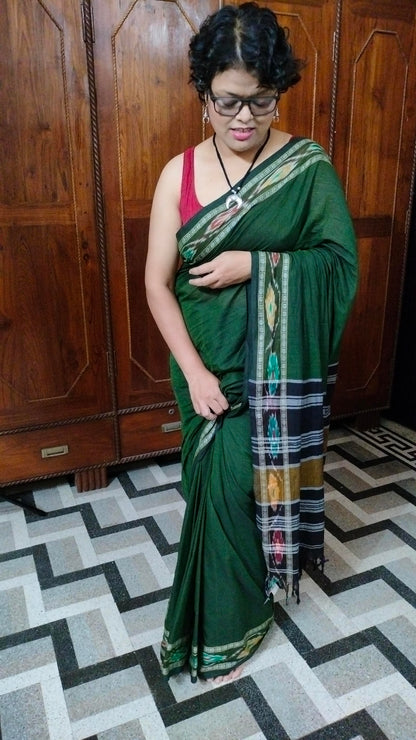 Bonolata - Bottle Green Dhonekhali Handloom Cotton Saree with Ikat-style Border