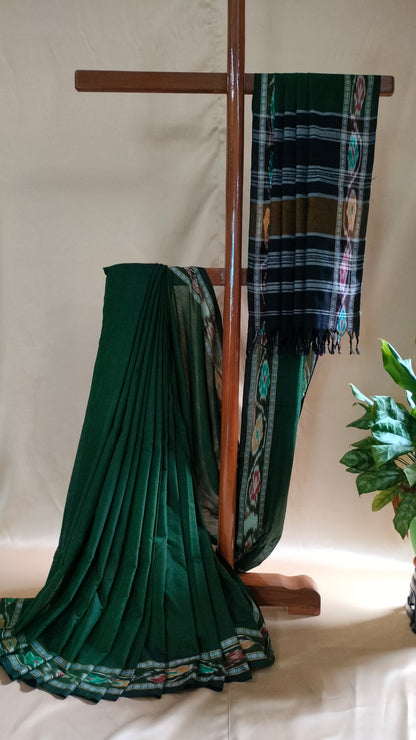 Bonolata - Bottle Green Dhonekhali Handloom Cotton Saree with Ikat-style Border