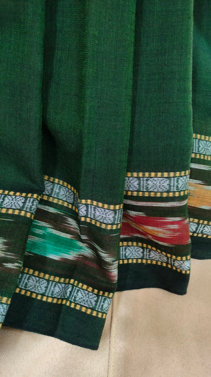 Bonolata - Bottle Green Dhonekhali Handloom Cotton Saree with Ikat-style Border
