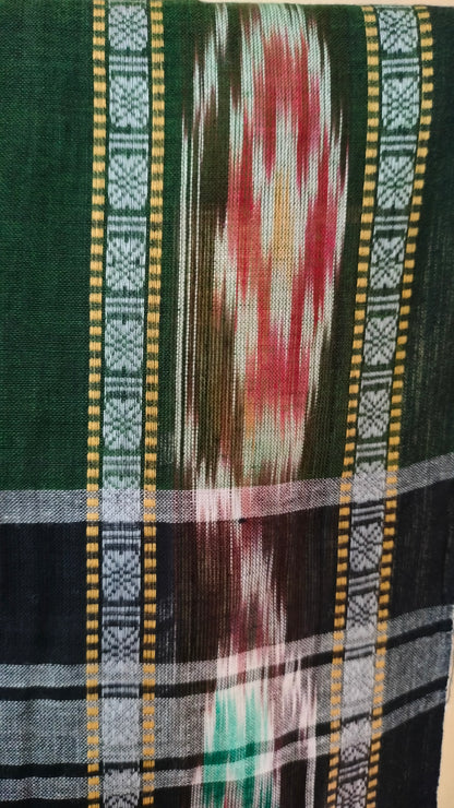 Bonolata - Bottle Green Dhonekhali Handloom Cotton Saree with Ikat-style Border