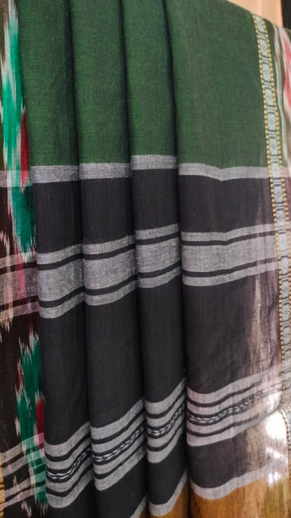 Bonolata - Bottle Green Dhonekhali Handloom Cotton Saree with Ikat-style Border