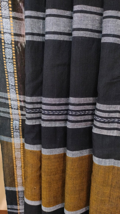 Bonolata - Bottle Green Dhonekhali Handloom Cotton Saree with Ikat-style Border