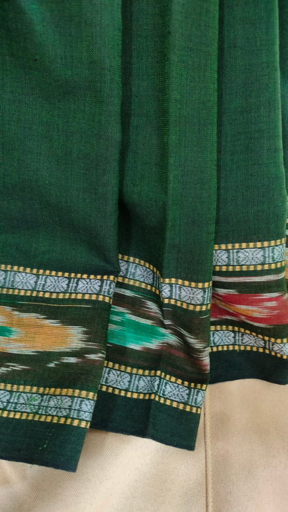 Bonolata - Bottle Green Dhonekhali Handloom Cotton Saree with Ikat-style Border