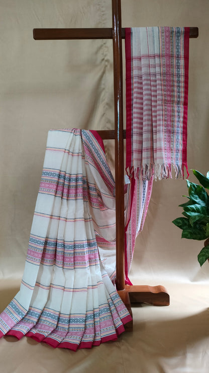 Rangrekha - Off-white Dhonekhali Handwoven Cotton Saree with multi-coloured Woven Strips