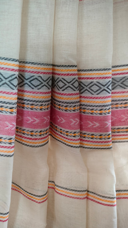 Rangrekha - Off-white Dhonekhali Handwoven Cotton Saree with multi-coloured Woven Strips