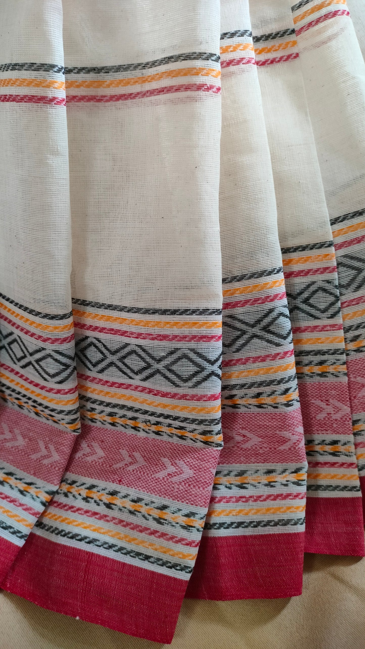 Rangrekha - Off-white Dhonekhali Handwoven Cotton Saree with multi-coloured Woven Strips