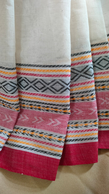 Rangrekha - Off-white Dhonekhali Handwoven Cotton Saree with multi-coloured Woven Strips