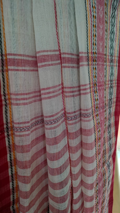 Rangrekha - Off-white Dhonekhali Handwoven Cotton Saree with multi-coloured Woven Strips