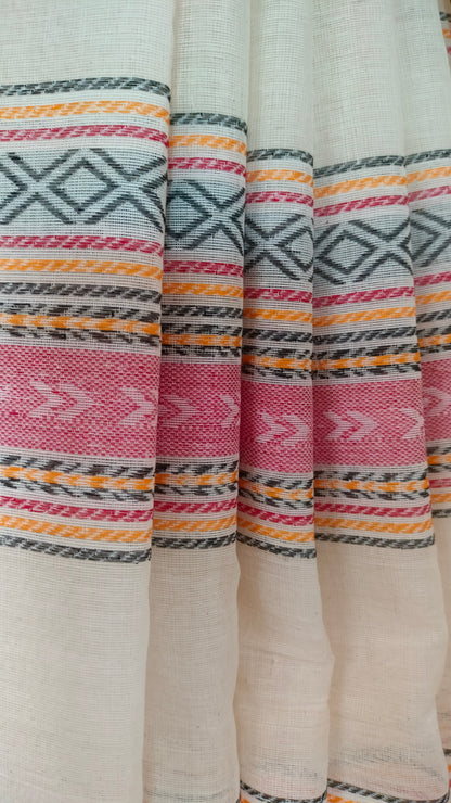 Rangrekha - Off-white Dhonekhali Handwoven Cotton Saree with multi-coloured Woven Strips