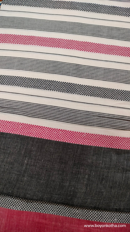 Eternal Contrast – White Dhonekhali Handloom Cotton Saree with Red and Black Woven Stripes
