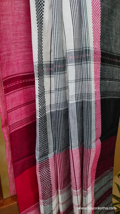 Eternal Contrast – White Dhonekhali Handloom Cotton Saree with Red and Black Woven Stripes