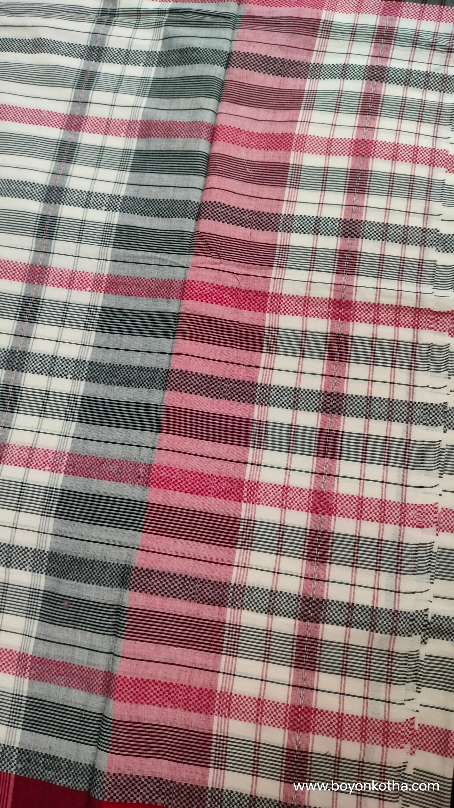 Eternal Contrast – White Dhonekhali Handloom Cotton Saree with Red and Black Woven Stripes