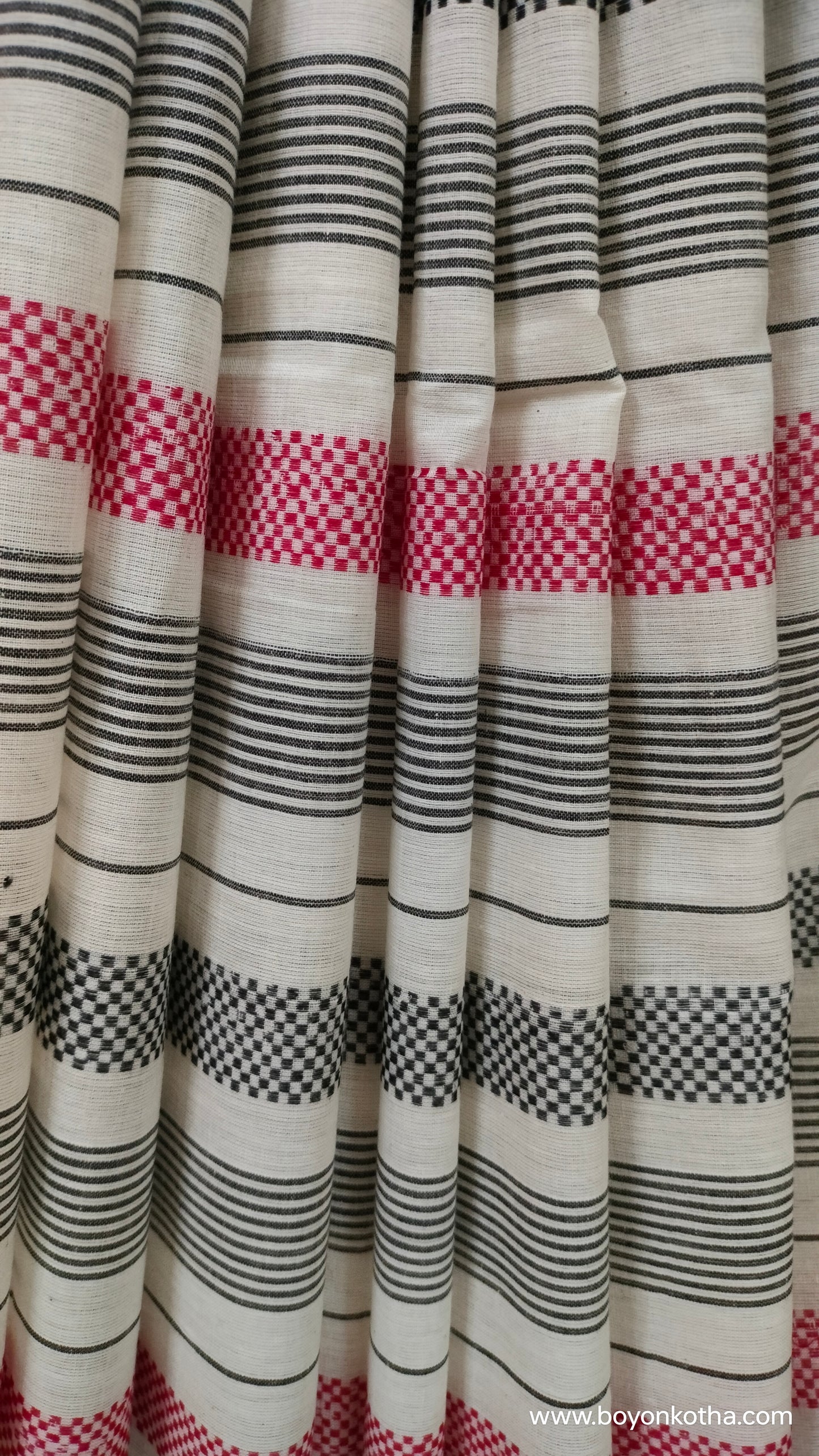 Eternal Contrast – White Dhonekhali Handloom Cotton Saree with Red and Black Woven Stripes