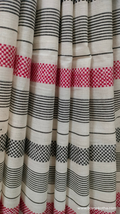Eternal Contrast – White Dhonekhali Handloom Cotton Saree with Red and Black Woven Stripes
