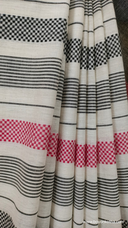 Eternal Contrast – White Dhonekhali Handloom Cotton Saree with Red and Black Woven Stripes