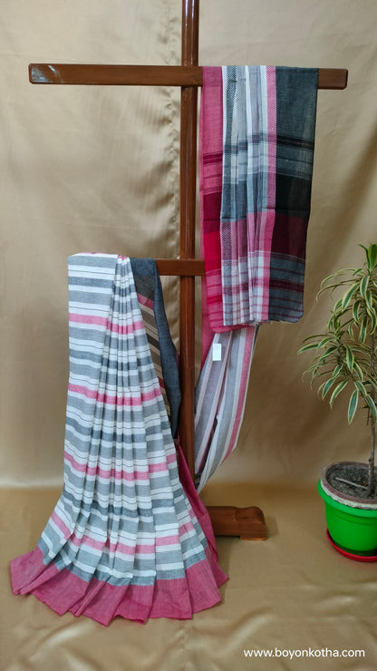 Eternal Contrast – White Dhonekhali Handloom Cotton Saree with Red and Black Woven Stripes