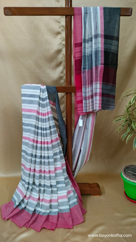 Eternal Contrast – White Dhonekhali Handloom Cotton Saree with Red and Black Woven Stripes