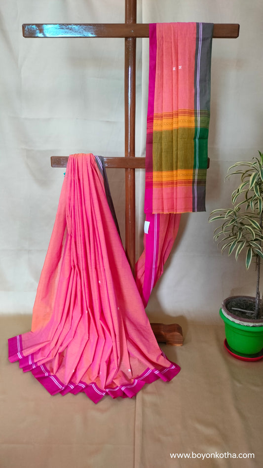 Sunset Whispers – Peach Dhonekhali Handloom Cotton Saree