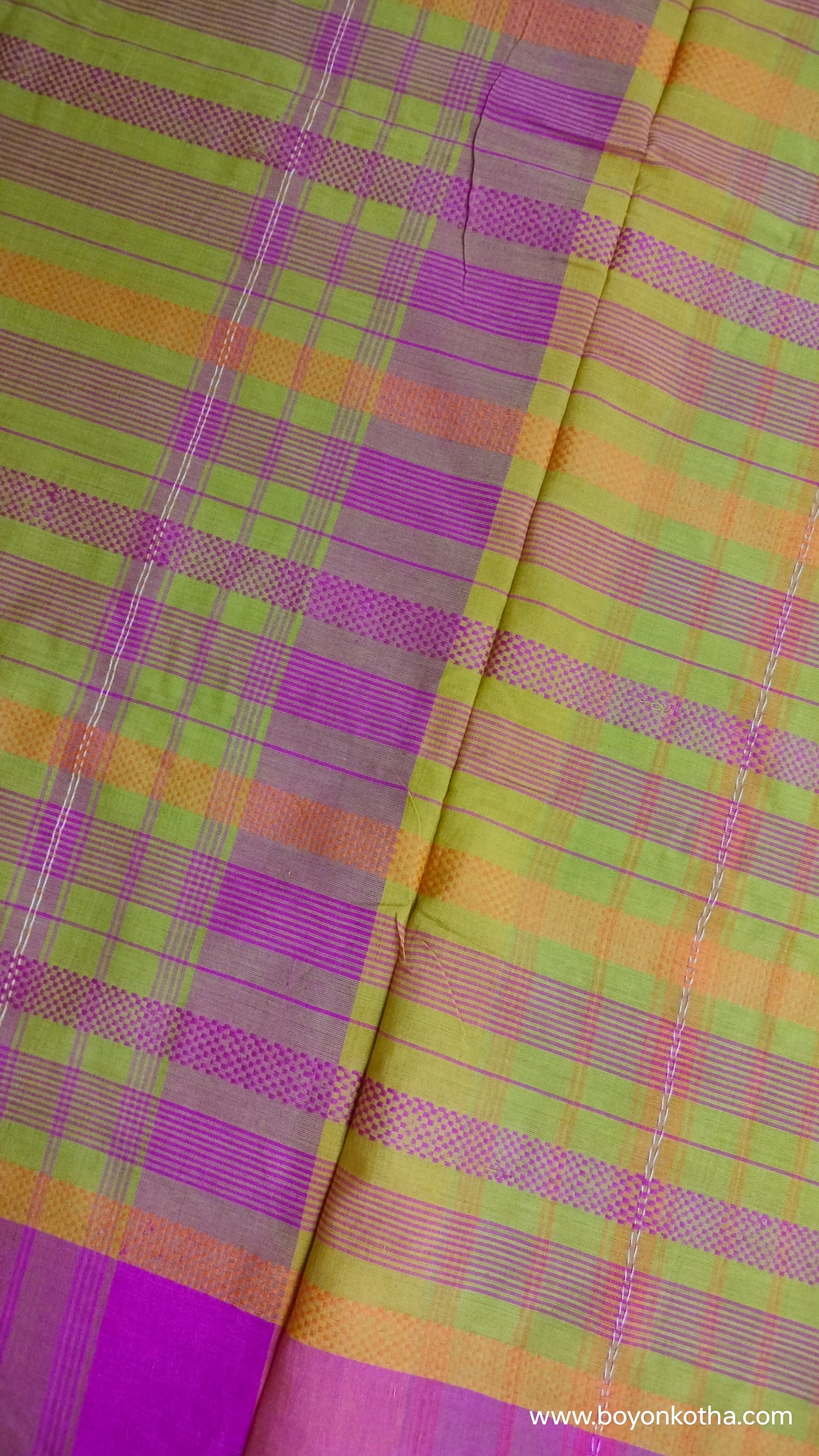 Threads of Sunset - Neon Green Dhonekhali Handloom Cotton Saree with Pink and Yellow Woven Stripes