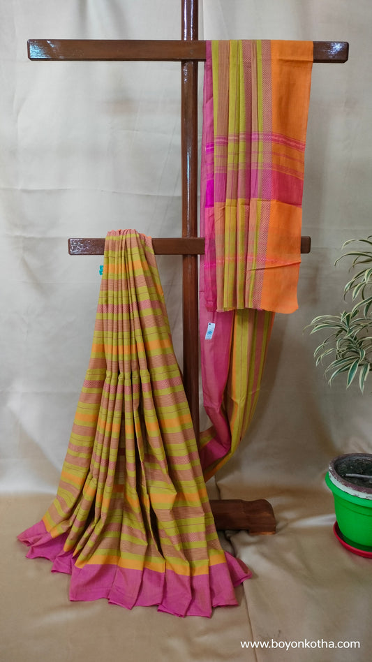 Threads of Sunset - Neon Green Dhonekhali Handloom Cotton Saree with Pink and Yellow Woven Stripes