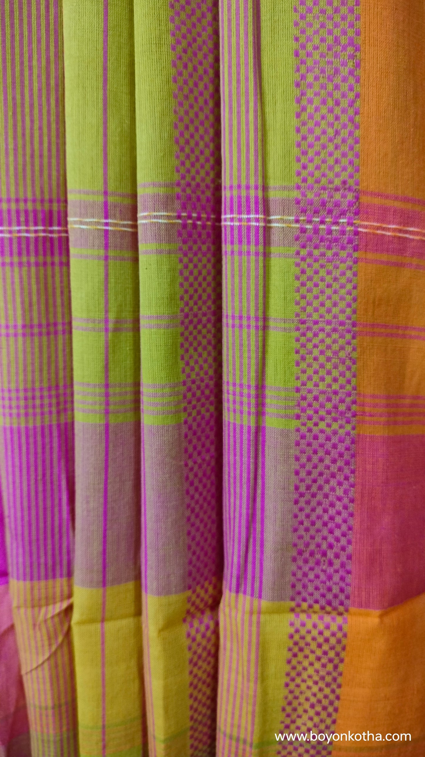 Threads of Sunset - Neon Green Dhonekhali Handloom Cotton Saree with Pink and Yellow Woven Stripes
