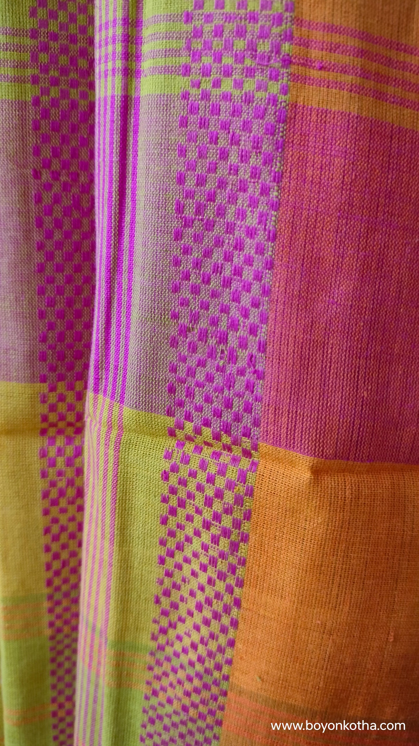 Threads of Sunset - Neon Green Dhonekhali Handloom Cotton Saree with Pink and Yellow Woven Stripes