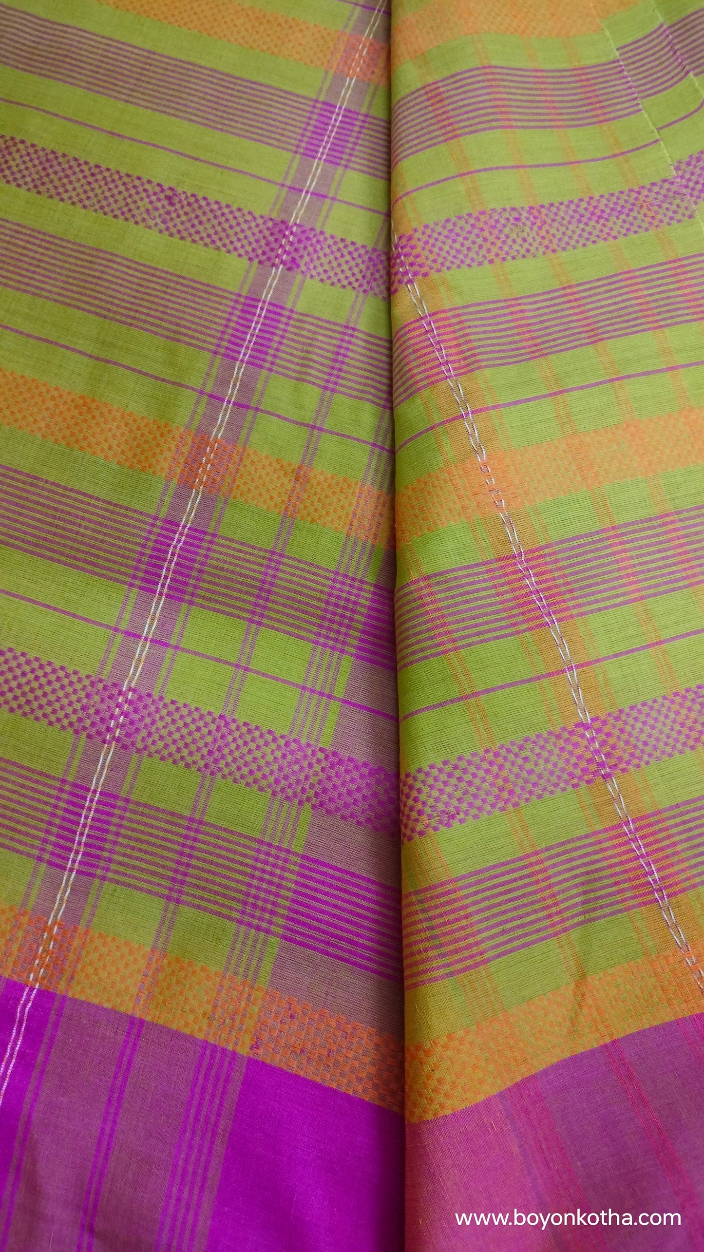 Threads of Sunset - Neon Green Dhonekhali Handloom Cotton Saree with Pink and Yellow Woven Stripes
