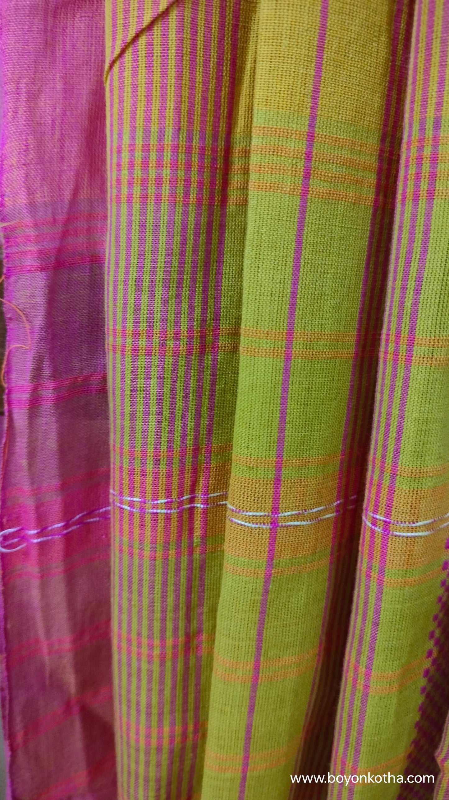 Threads of Sunset - Neon Green Dhonekhali Handloom Cotton Saree with Pink and Yellow Woven Stripes