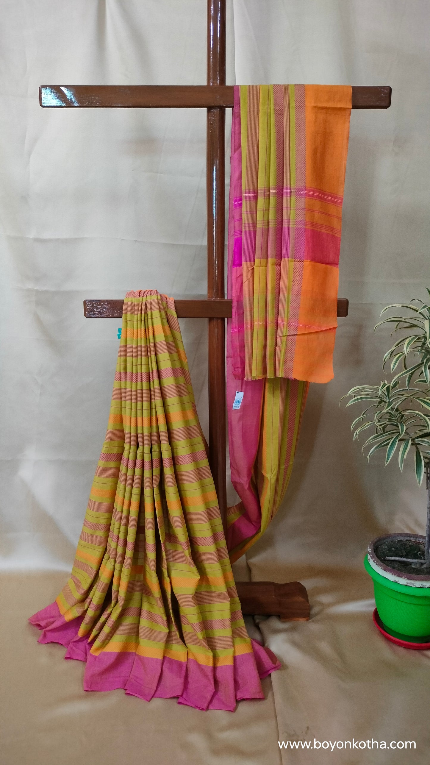 Threads of Sunset - Neon Green Dhonekhali Handloom Cotton Saree with Pink and Yellow Woven Stripes